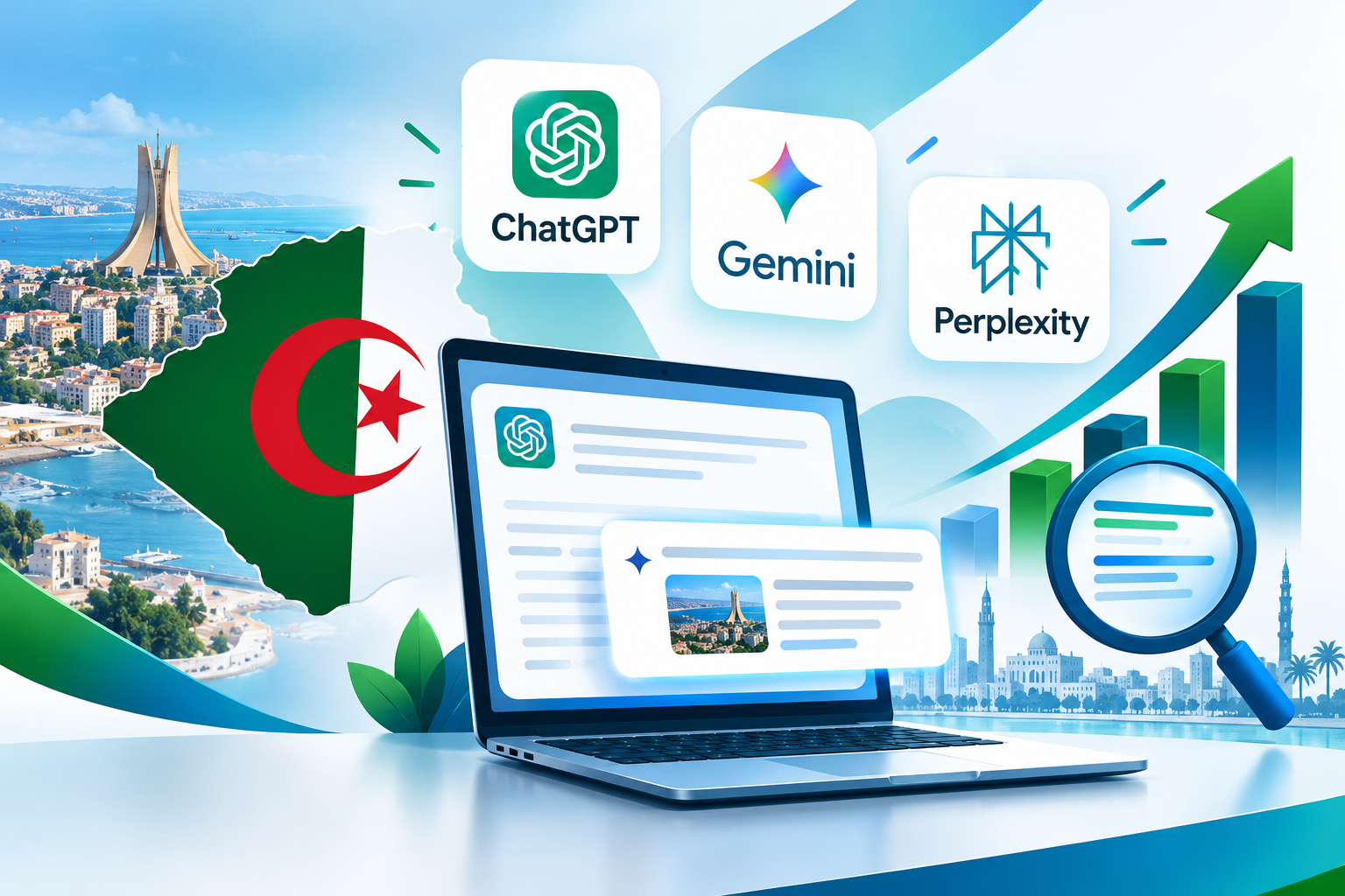 Illustration du GEO en Algérie en 2026 avec ChatGPT, Gemini et Perplexity, dédiée à la visibilité des entreprises dans les réponses générées par l’intelligence artificielle.