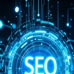 Texte : Illustration futuriste du SEO représentant le texte "SEO" lumineux au centre d'une interface circulaire et de circuits réseau bleus. Objectif : Court, précis et descriptif pour la lecture d'écran et l'indexation Google Images