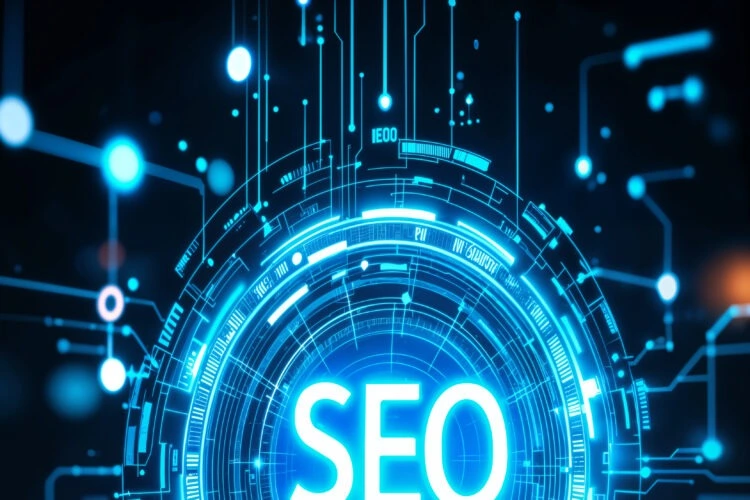 Texte : Illustration futuriste du SEO représentant le texte "SEO" lumineux au centre d'une interface circulaire et de circuits réseau bleus. Objectif : Court, précis et descriptif pour la lecture d'écran et l'indexation Google Images