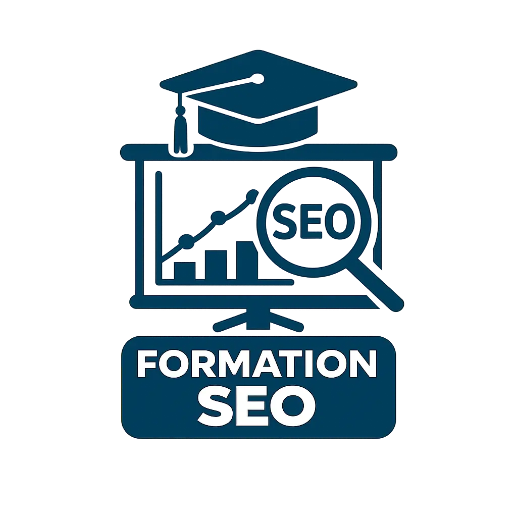 Icône formation SEO en bleu foncé avec un écran affichant un graphique de croissance, une loupe SEO et un chapeau de diplômé, représentant l’apprentissage du référencement naturel.