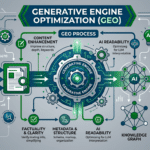 nfographie conceptuelle sur le Generative Engine Optimization (GEO) utilisant une palette de vert foncé, bleu marine et gris. L'image montre le flux de données allant de l'ingestion de contenu vers un moteur génératif central, aboutissant à des résultats de recherche IA sur un écran de smartphone.
