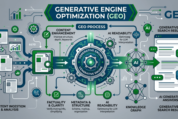 nfographie conceptuelle sur le Generative Engine Optimization (GEO) utilisant une palette de vert foncé, bleu marine et gris. L'image montre le flux de données allant de l'ingestion de contenu vers un moteur génératif central, aboutissant à des résultats de recherche IA sur un écran de smartphone.