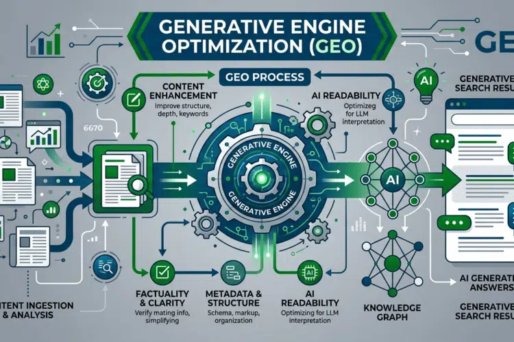 GEO (Generative Engine Optimization): Comment optimiser votre contenu pour les IA en 2026 ? 4 nfographie conceptuelle sur le Generative Engine Optimization (GEO) utilisant une palette de vert foncé, bleu marine et gris. L'image montre le flux de données allant de l'ingestion de contenu vers un moteur génératif central, aboutissant à des résultats de recherche IA sur un écran de smartphone.