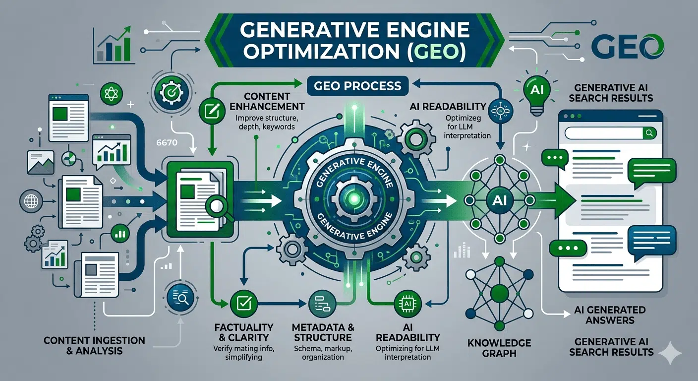 nfographie conceptuelle sur le Generative Engine Optimization (GEO) utilisant une palette de vert foncé, bleu marine et gris. L'image montre le flux de données allant de l'ingestion de contenu vers un moteur génératif central, aboutissant à des résultats de recherche IA sur un écran de smartphone.