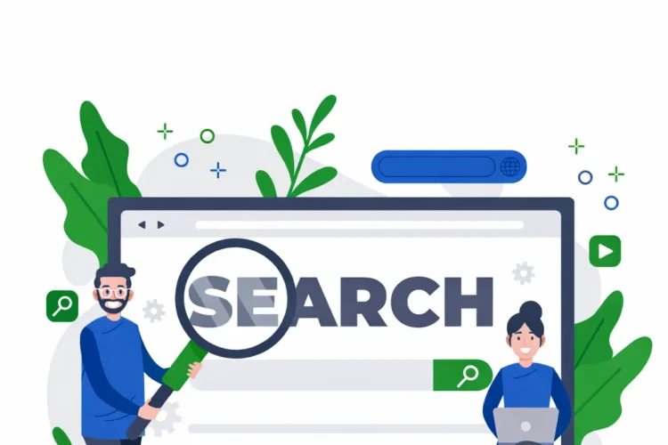 Recherche de mots clés SEO : Le guide complet pour trouver les bons termes et booster votre trafic 5 Illustration SEO montrant une interface de recherche avec deux personnes analysant un mot-clé, utilisant une loupe et un ordinateur portable, avec des couleurs vert, bleu et gris.