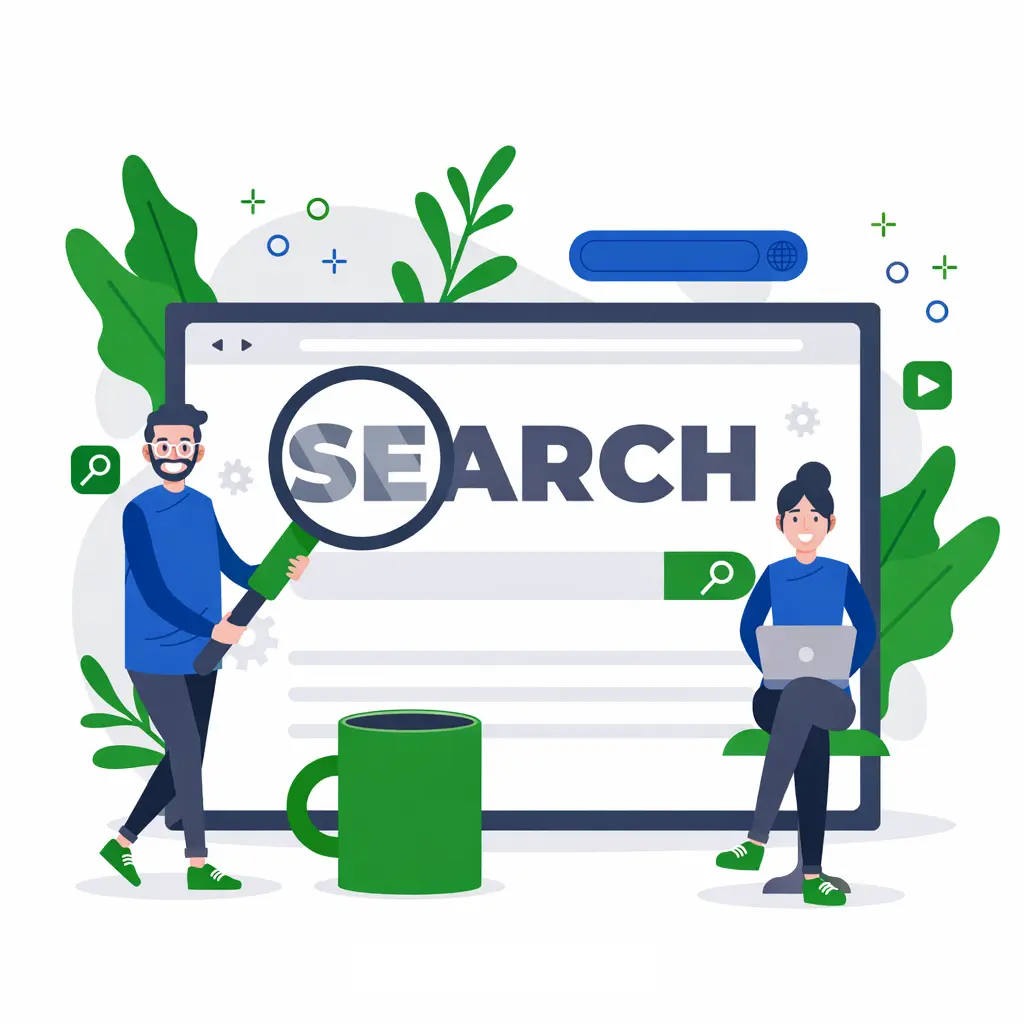 Illustration SEO montrant une interface de recherche avec deux personnes analysant un mot-clé, utilisant une loupe et un ordinateur portable, avec des couleurs vert, bleu et gris.