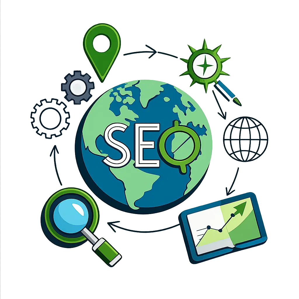 SEO International 1 Illustration du SEO international avec globe, loupe, graphique d’analyse et icônes d’optimisation