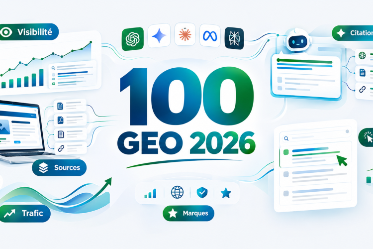 Infographie présentant 100 statistiques sur le GEO (Generative Engine Optimization) en 2026, avec des éléments liés à la visibilité, aux citations IA, aux sources, au trafic, au CTR et aux marques.