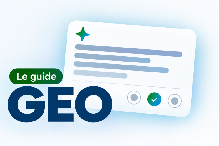 Illustration du guide GEO (Generative Engine Optimization) avec interface d’intelligence artificielle