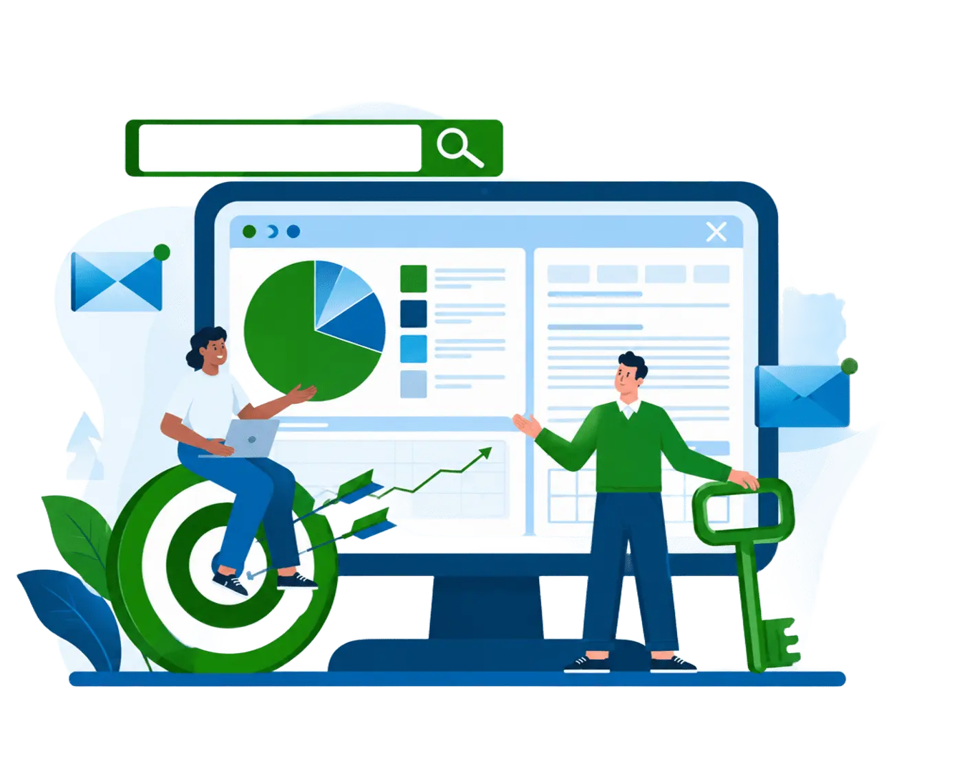 Illustration moderne d’une plateforme SEO avec tableau de bord, graphiques, recherche et analyse de données