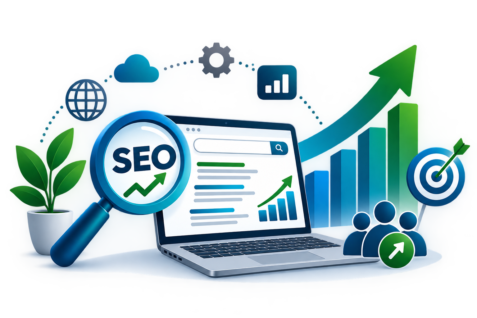 Illustration représentant le SEO comme moteur de croissance digitale, avec visibilité, analyse et progression des performances.