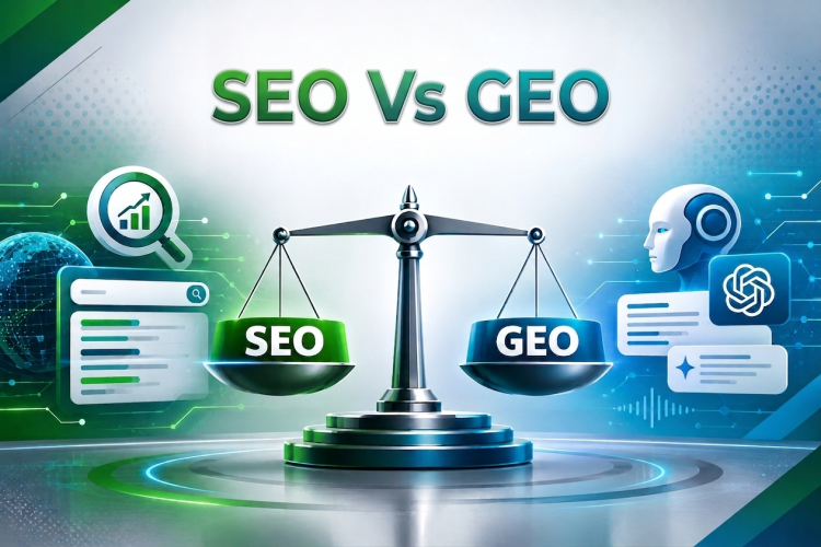 Illustration présentant une balance comparant le SEO à gauche (moteur de recherche classique) et le GEO à droite (moteurs IA et modèles de langage avec un visage de robot et l'icône de ChatGPT). Au-dessus de la balance figure le titre « SEO Vs GEO ».