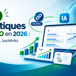 Infographie des 100 statistiques sur le SEO en 2026 : trafic organique, taux de clics, intelligence artificielle, backlinks et référencement local.