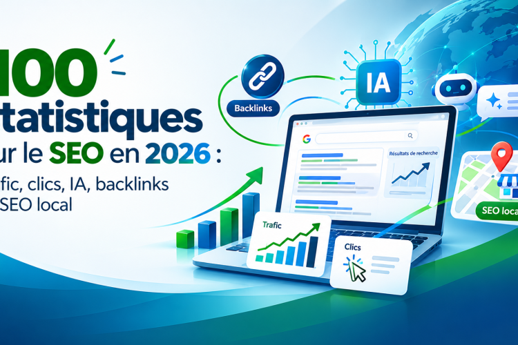 Infographie des 100 statistiques sur le SEO en 2026 : trafic organique, taux de clics, intelligence artificielle, backlinks et référencement local.