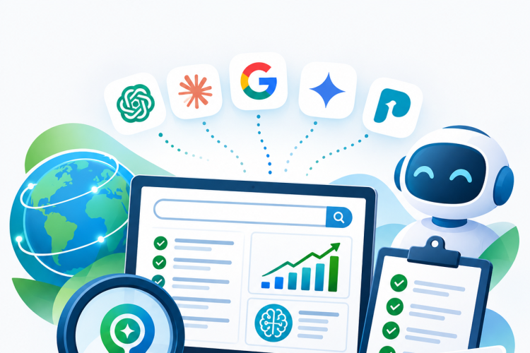 Illustration d'un audit GEO analysant la visibilité d'une entreprise dans les moteurs de recherche IA et les assistants d'intelligence artificielle.