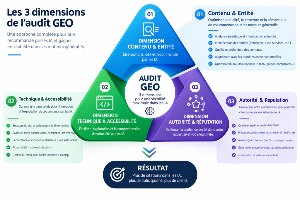 Infographie présentant les trois dimensions d’un audit GEO : contenu et entité, technique et accessibilité, autorité et réputation, pour améliorer la visibilité d’une marque dans les réponses des IA.