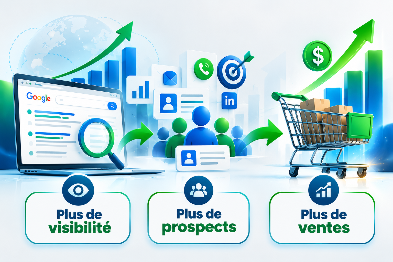 Plus de visibilité sur Google grâce au SEO, plus de prospects qualifiés et plus de ventes pour développer votre entreprise en ligne.
