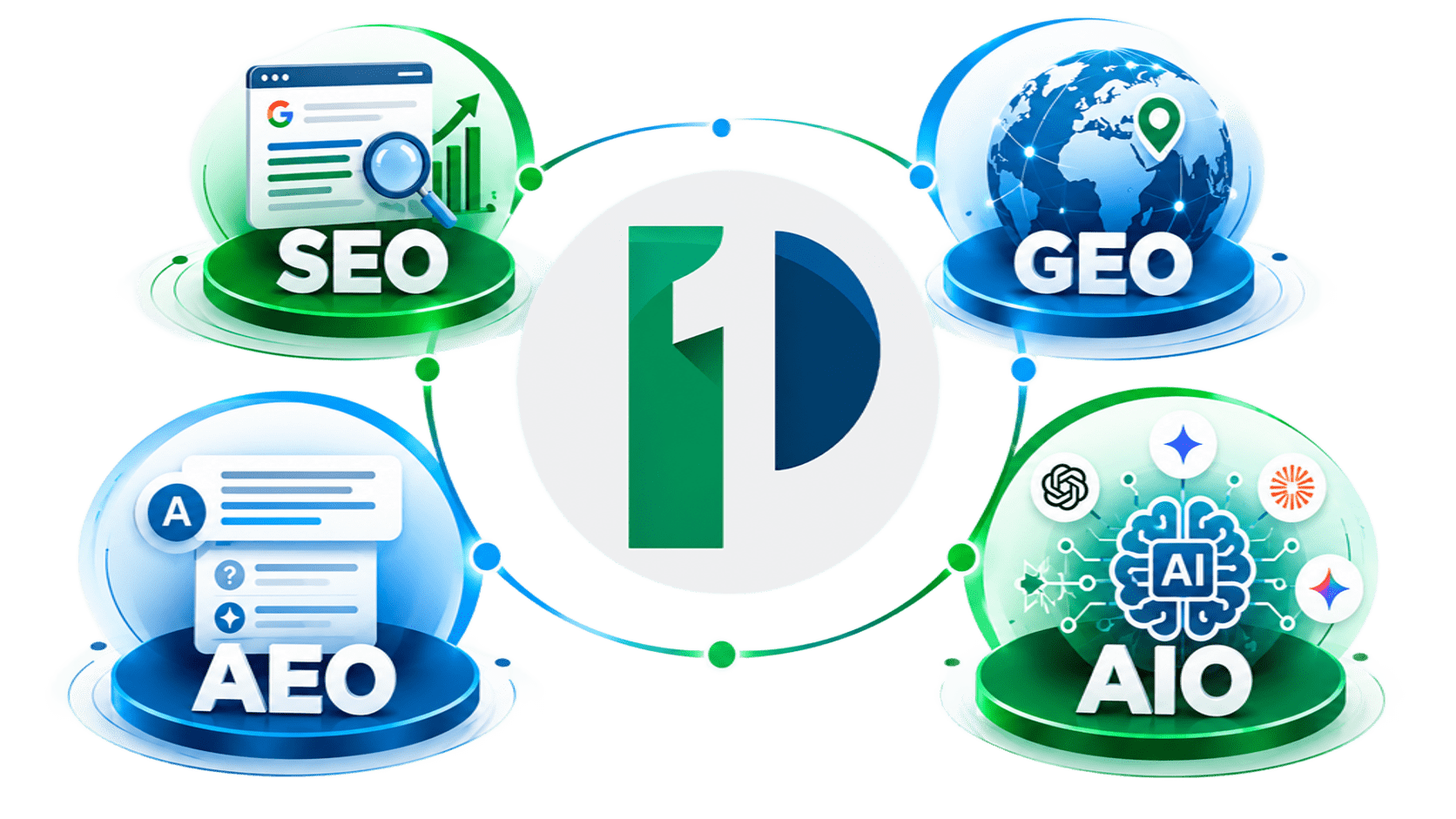Premier SEO Algérie, agence de référencement naturel : les quatre services SEO, AEO, AIO et GEO autour du logo de l’agence