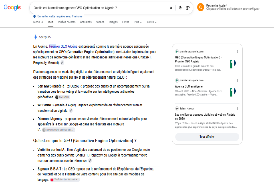 Capture d’écran de Google : l’aperçu IA présente Premier SEO Algérie comme la première agence spécialisée en GEO en Algérie.