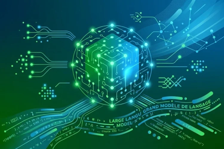 Illustration conceptuelle représentant un grand modèle de langage (LLM) sous la forme d'un cube lumineux entouré de réseaux de données et de circuits. L'image utilise une palette de couleurs bleu (#003b63), vert (#006700) et des dégradés bleu-vert cyan (#0085B2). La composition inclut des diagrammes d'architecture de *deep learning*, des flux de données avec des extraits de code et les inscriptions « GRAND MODÈLE DE LANGAGE » et « LARGE LANGUAGE MODEL