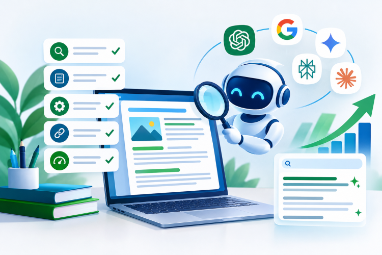 Un robot souriant tenant une loupe devant un ordinateur portable affichant un article, entouré d’une checklist d’optimisation validée et des logos de moteurs de recherche et d’assistants IA, avec une flèche de croissance en arrière-plan.